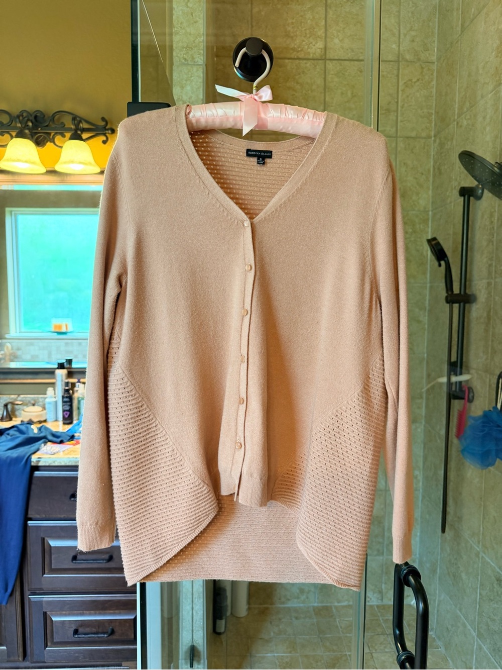 Rebecca Elliot Peach Pointelle Open Knit High Low Cardigan Sweater Small-EUC